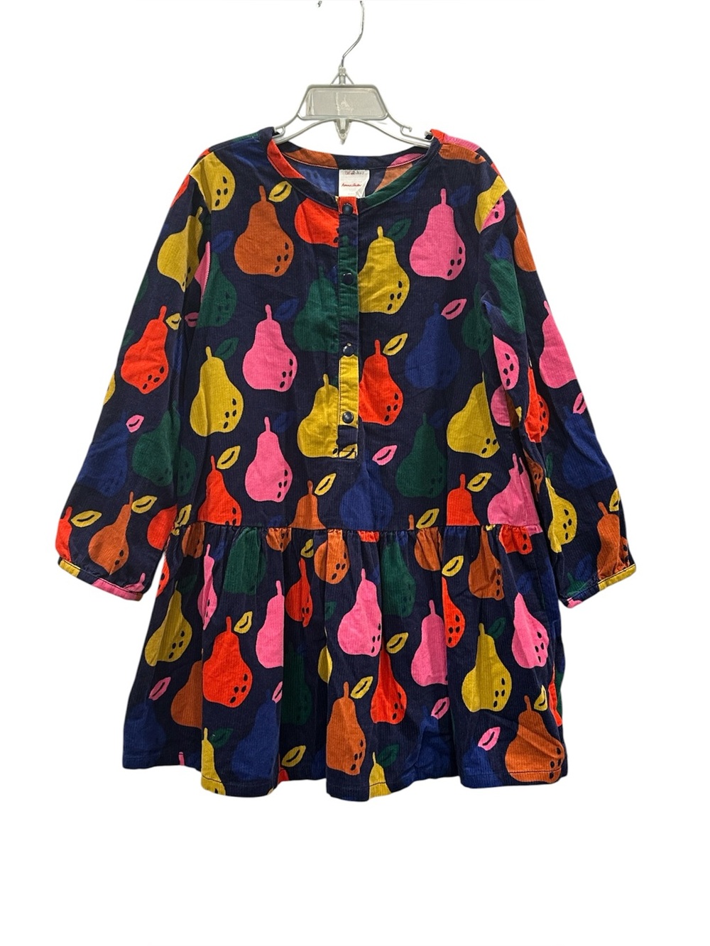 Hanna Andersson Corduroy Dress Long Sleeve Navy Colorful Pear Print Size 120 6/7